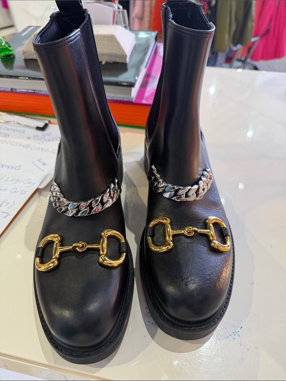 Gucci Woman’s Black Leather Chelsea Boots with Gold Horsebit and Silver Chain